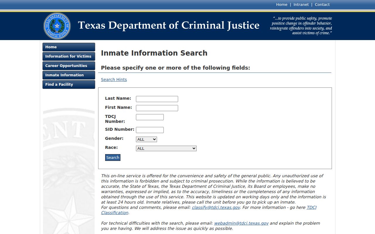 TDCJ inmate search as a Mitchell County arrest custody fallback