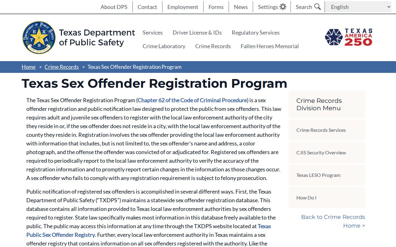 Mitchell County sex offender registration program overview from Texas DPS